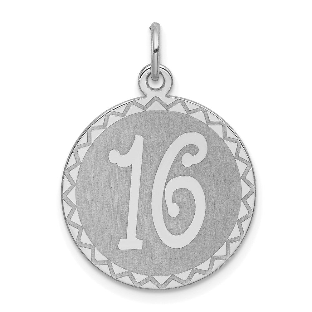 Sterling Silver Rhodium-plated Sweet Sixteen Disc Charm, 27 x 19 mm
