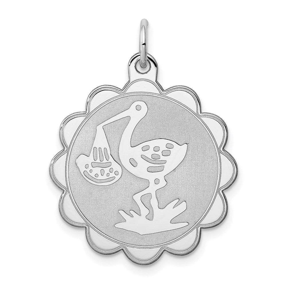 Sterling Silver Rhodium-plated Stork Disc Charm, 30 x 22 mm