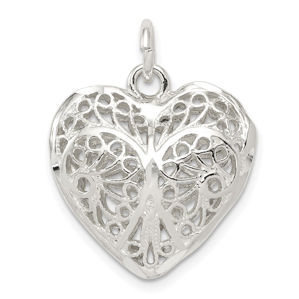 Sterling Silver Fancy Filigree Puffed Heart Charm, 21 x 20 mm