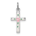 Sterling Silver Platinum-plated Enameled Cross Charm, 17 x 10 mm