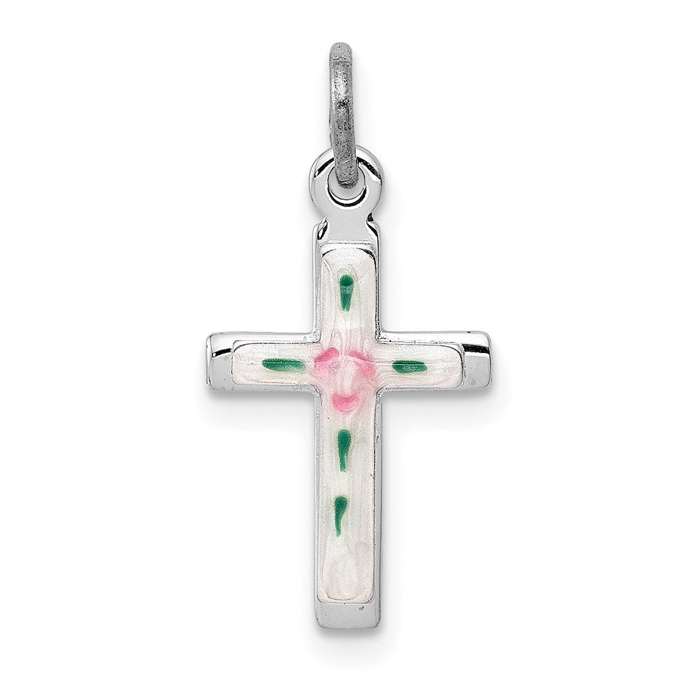 Sterling Silver Platinum-plated Enameled Cross Charm, 17 x 10 mm