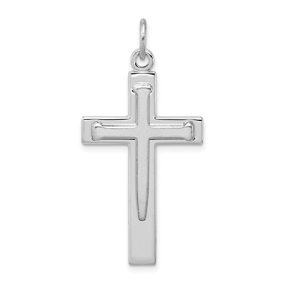 Sterling Silver Platinum-plated Satin & Polished Cross Pendant, 34 x 20 mm