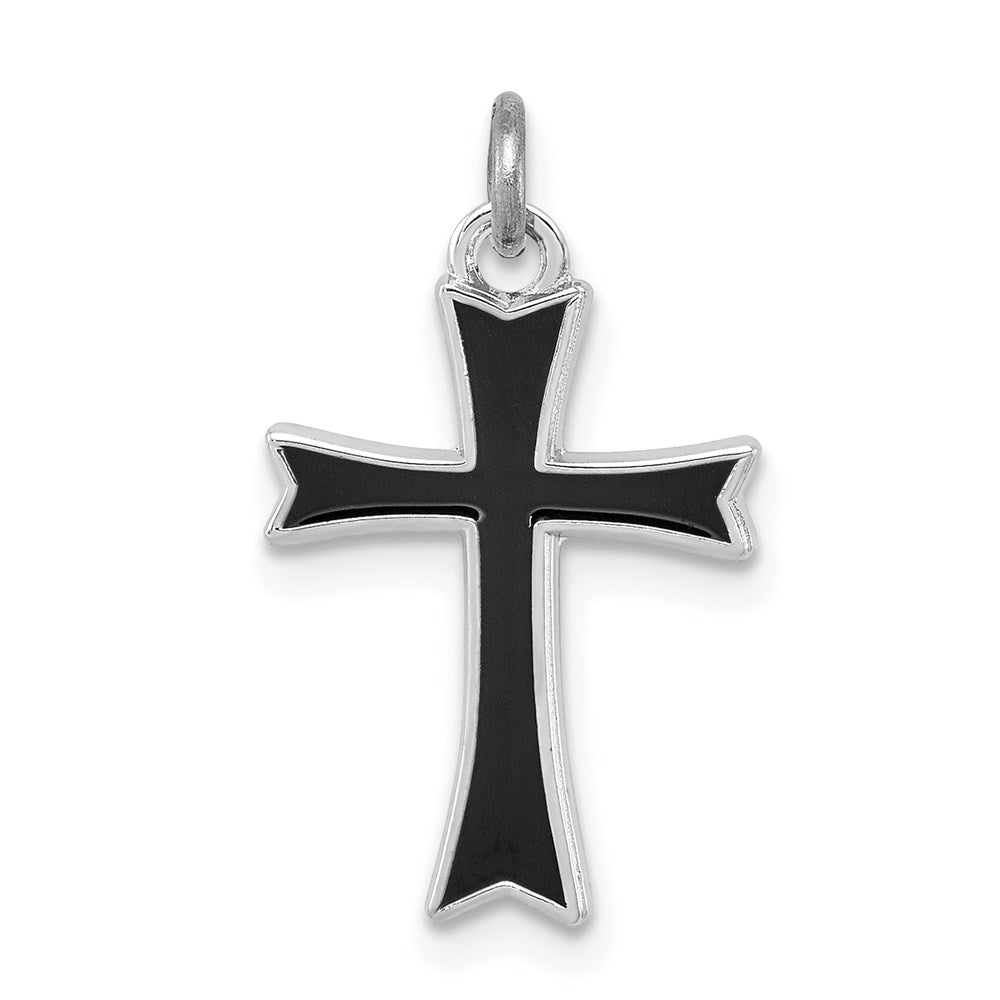 Sterling Silver Platinum-plated Black Enameled Cross Charm, 18 x 12 mm