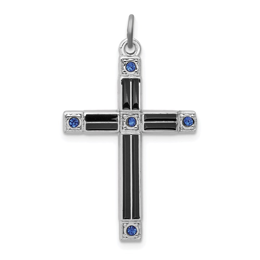 Sterling Silver Platinum-plated Enameled & Blue CZ Cross Pendant, 31 x 20 mm
