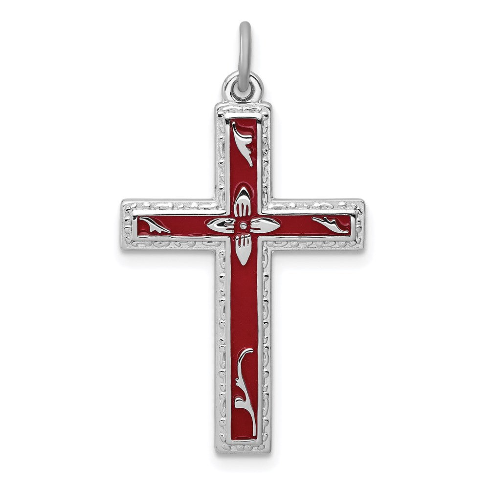 Sterling Silver Platinum-plated Red Enameled Cross Pendant, 29 x 18 mm