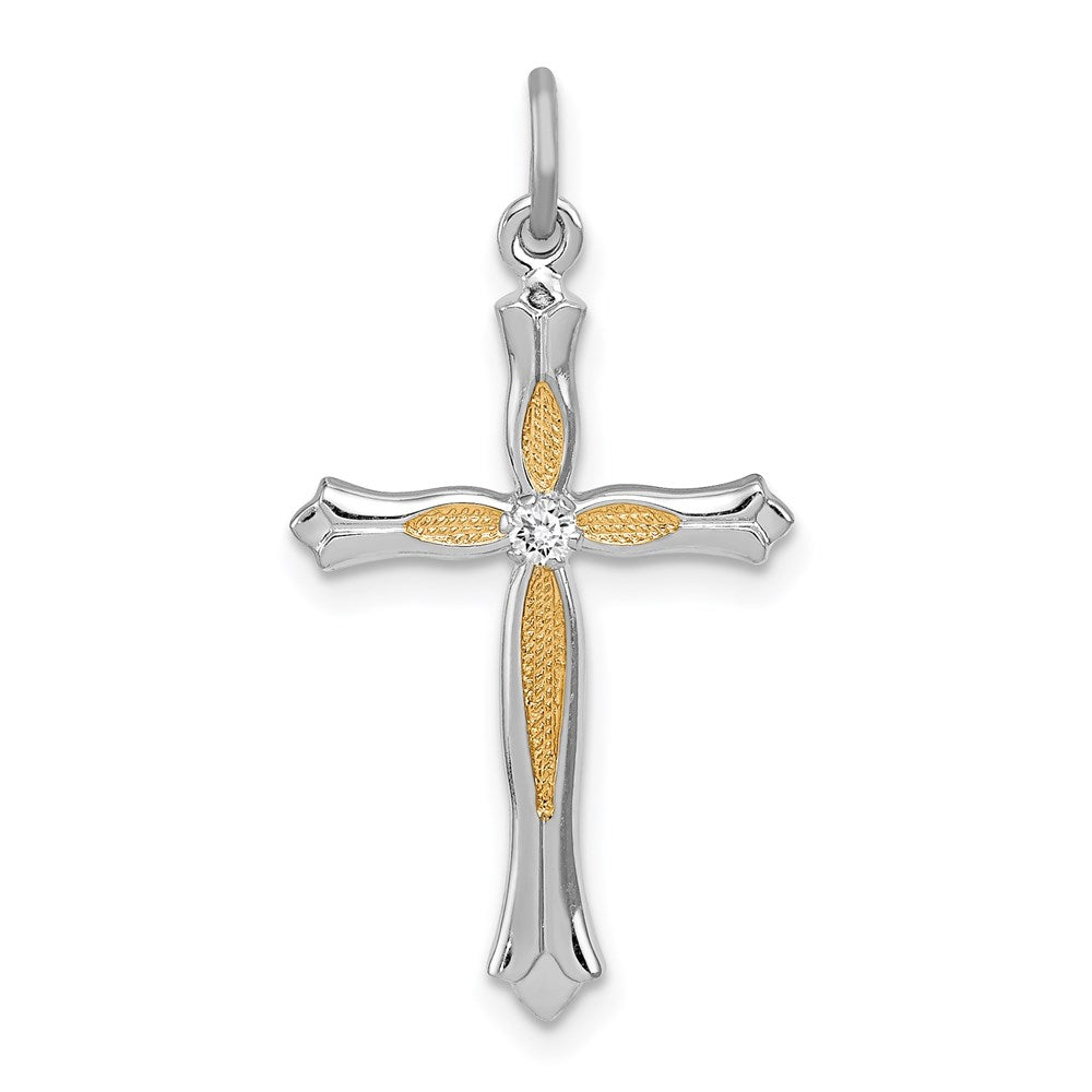 Sterling Silver Platinum-plated & Vermeil CZ Cross Pendant, 26 x 16 mm