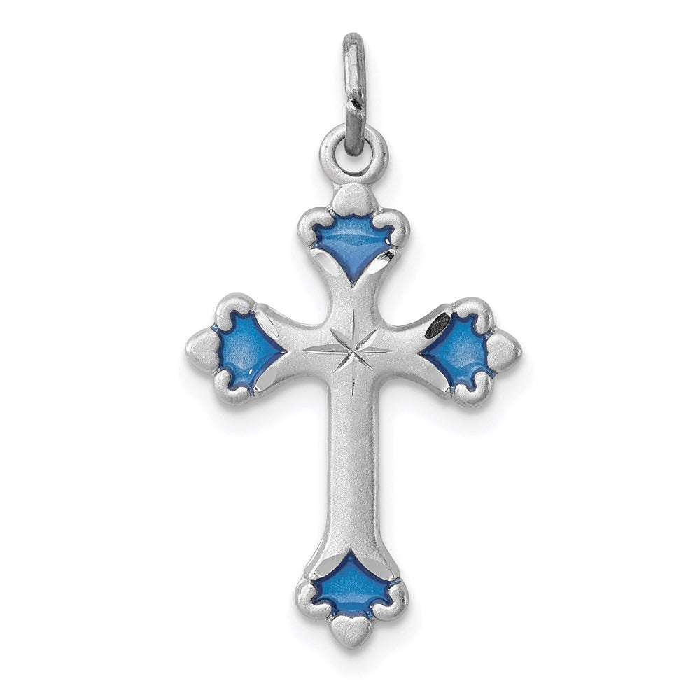 Sterling Silver Platinum-plated Blue Enameled Budded Cross Charm, 23 x 15 mm