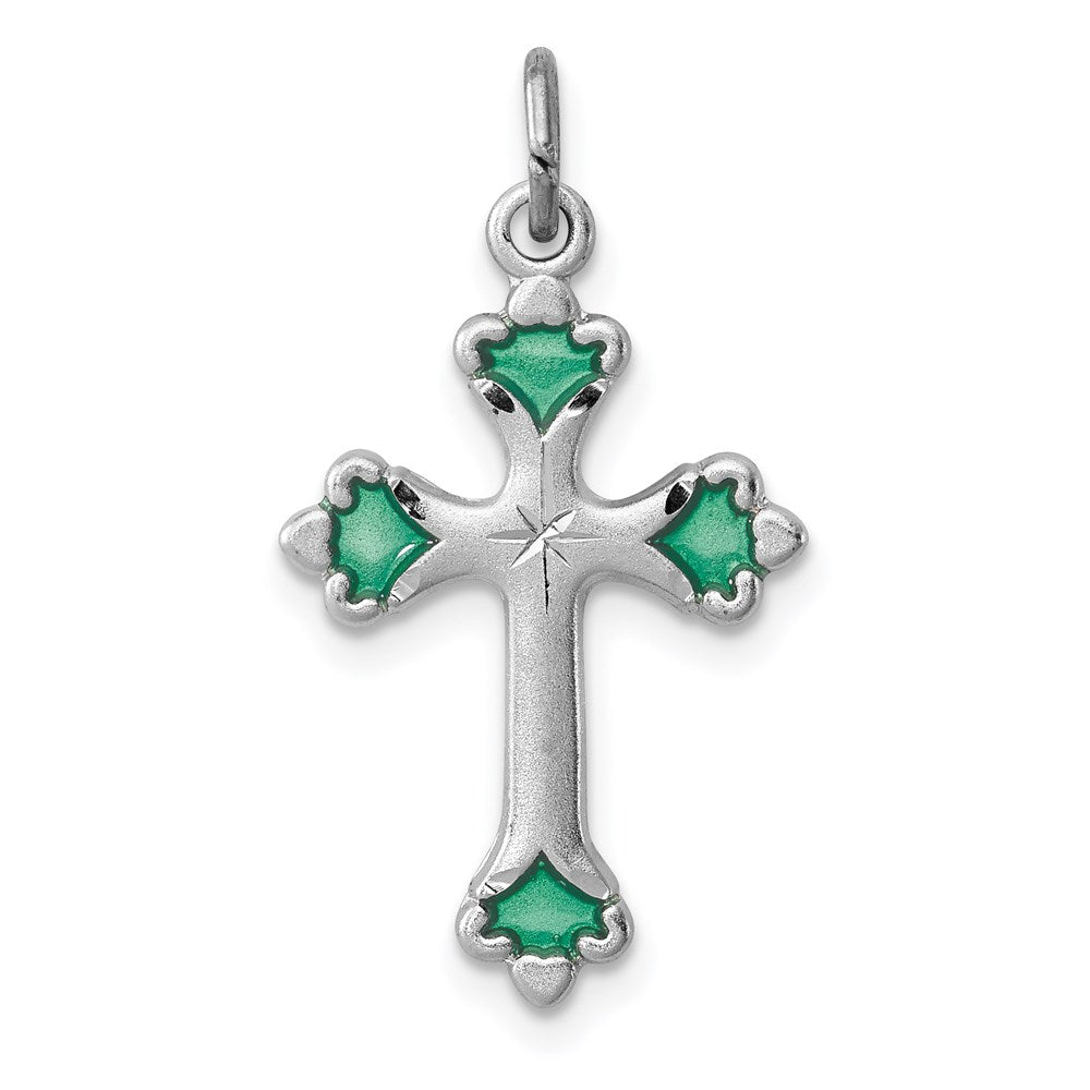 Sterling Silver Platinum-plated Green Enameled Budded Cross Charm, 23 x 15 mm