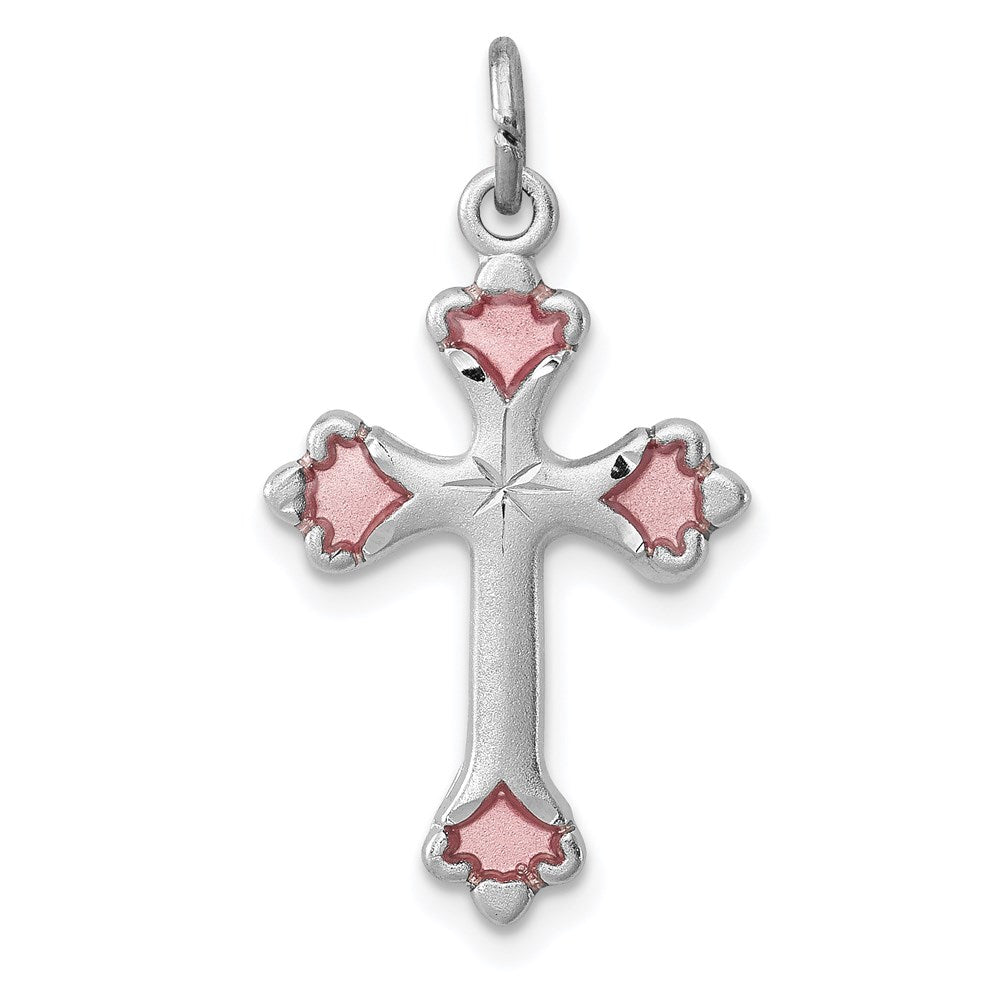 Sterling Silver Platinum-plated Pink Enameled Budded Cross Charm, 23 x 15 mm