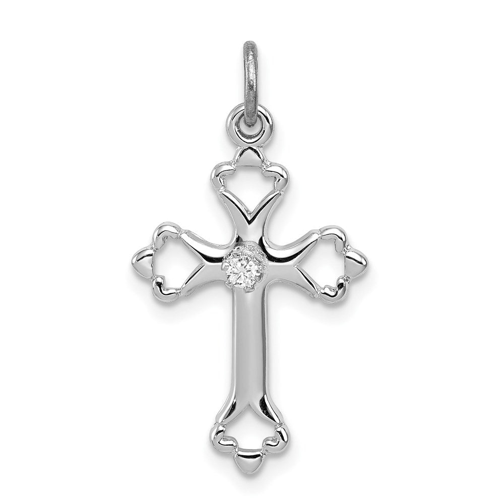 Sterling Silver Platinum-plated Budded Cross w/CZ Charm, 23 x 15 mm