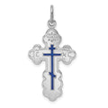 Sterling Silver Platinum-plated Eastern Orthodox Blue Enamel Cross Pendant, 29 x 17 mm