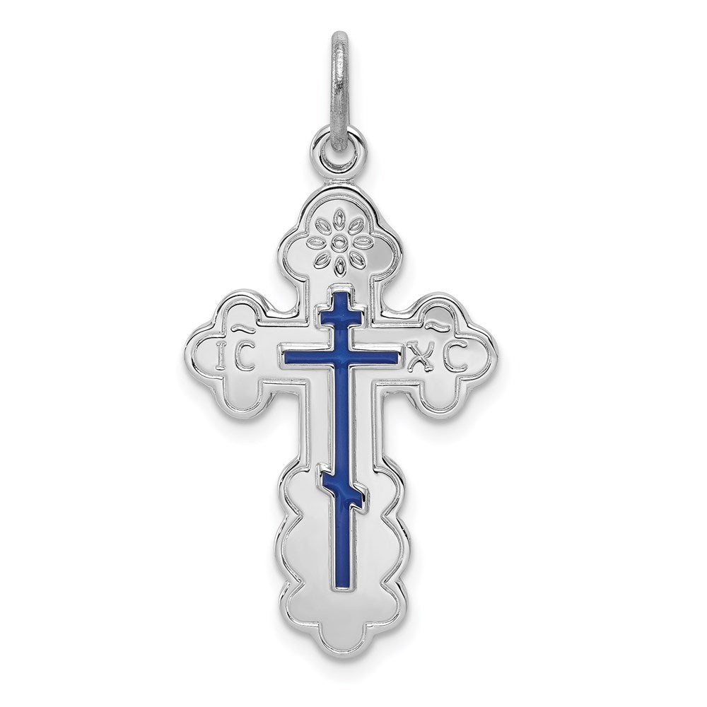 Sterling Silver Platinum-plated Eastern Orthodox Blue Enamel Cross Pendant, 29 x 17 mm