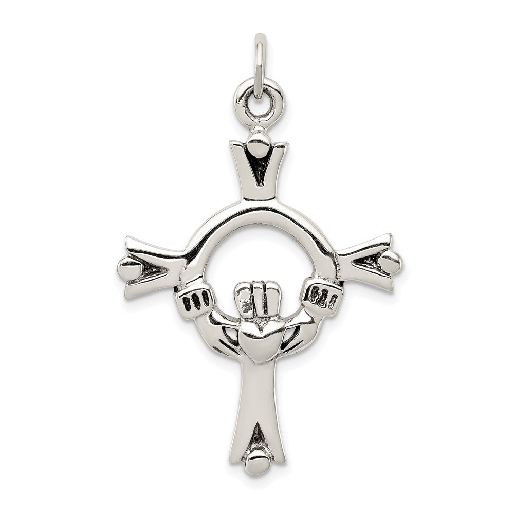 Sterling Silver Antiqued Claddagh Cross Charm, 42 x 25 mm