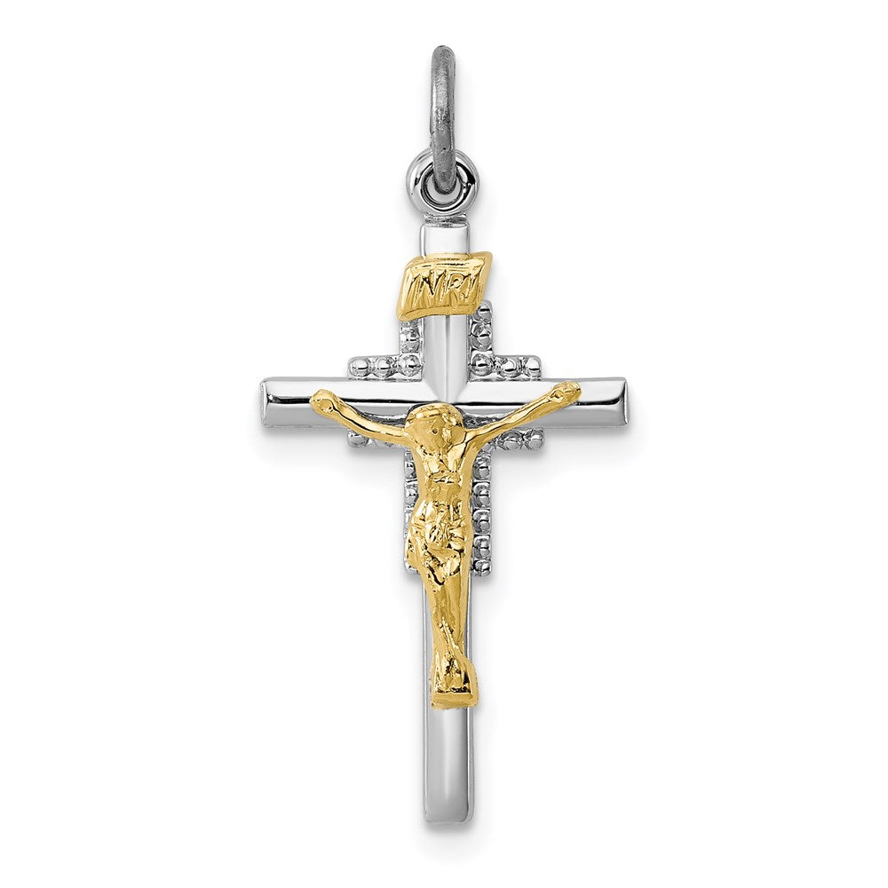 Sterling Silver Platinum-plated & Vermeil INRI Crucifix Charm, 26 x 14 mm