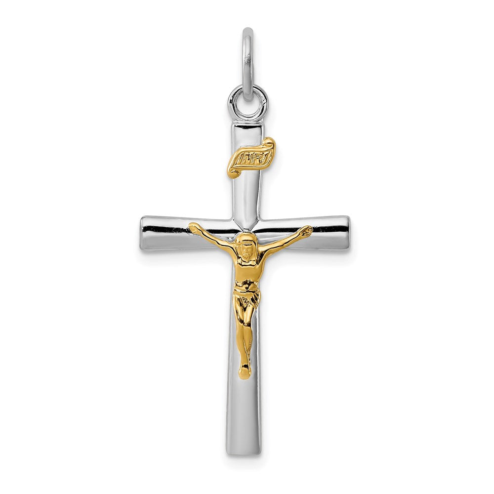 Sterling Silver Platinum-plated & 18k Gold-plated INRI Crucifix Charm, 37 x 18 mm