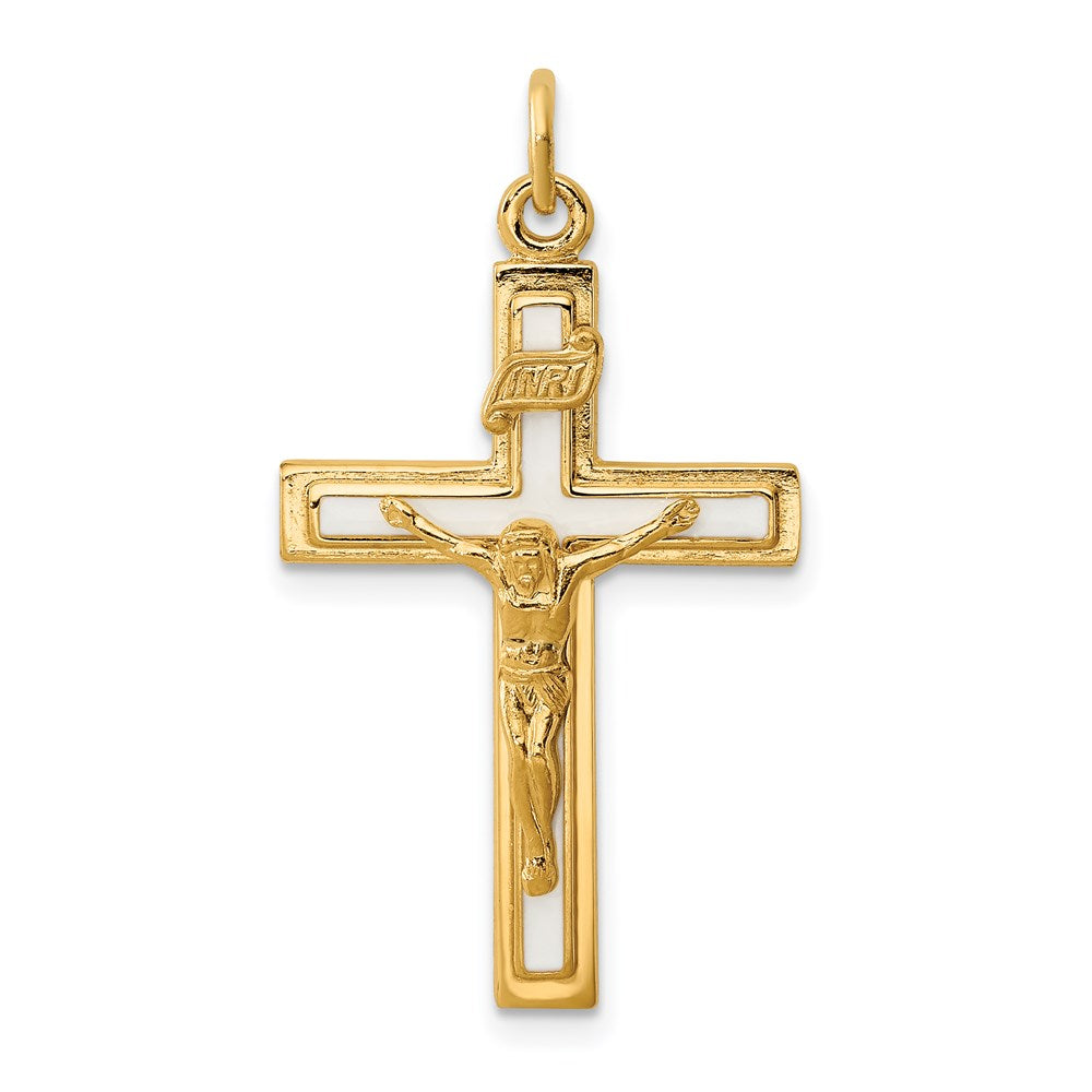 Sterling Silver Enamel w/Yellow Vermeil INRI Crucifix Charm, 31 x 17 mm