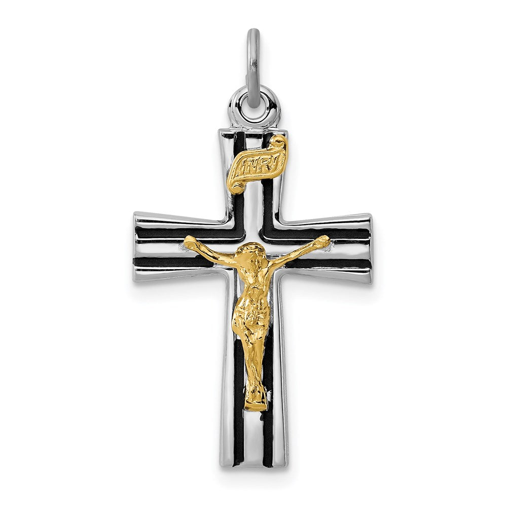 Sterling Silver Platinum-plated Gold-tone INRI Crucifix Charm, 28 x 15 mm