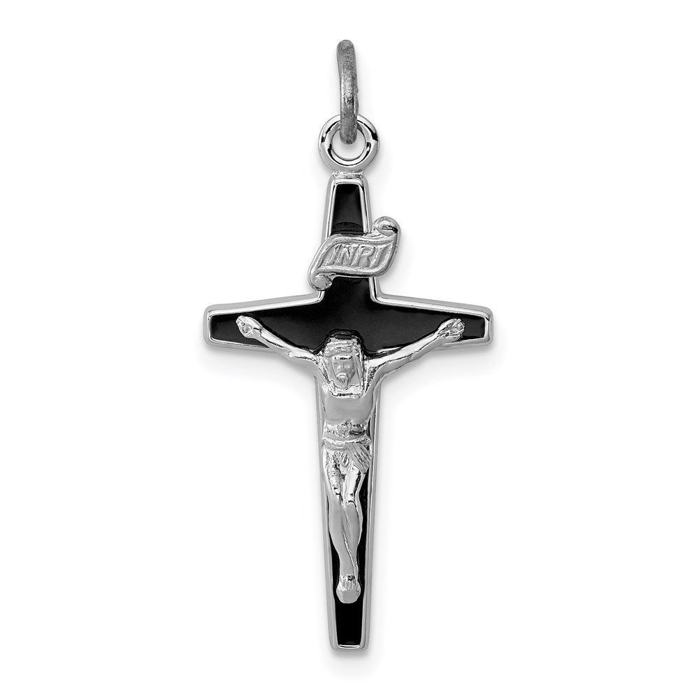 Sterling Silver Platinum-plated Enameled Crucifix Charm, 28 x 13 mm