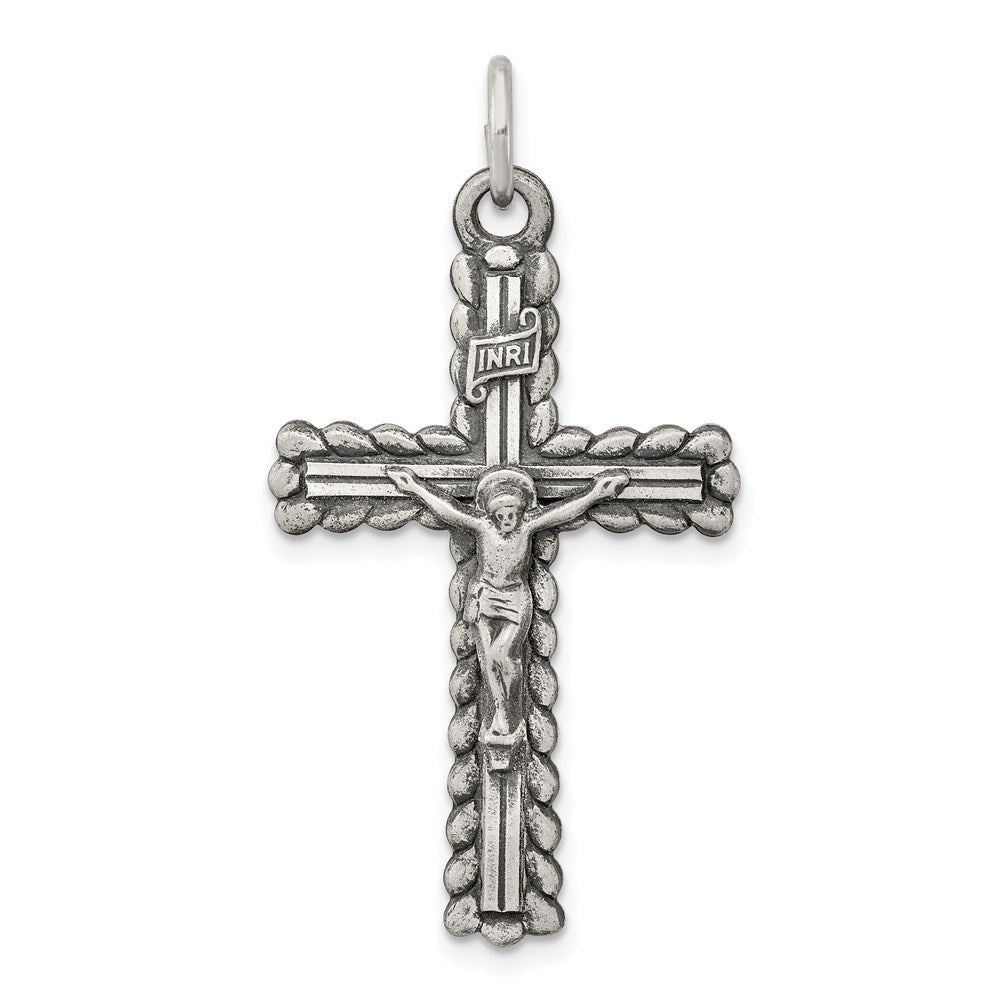 Sterling Silver Antiqued INRI Crucifix Pendant, 31 x 17 mm
