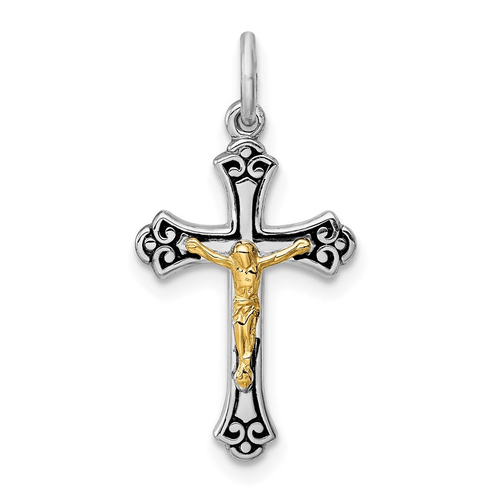 Sterling Silver Platinum-plated & Vermeil Crucifix Charm, 21 x 11 mm