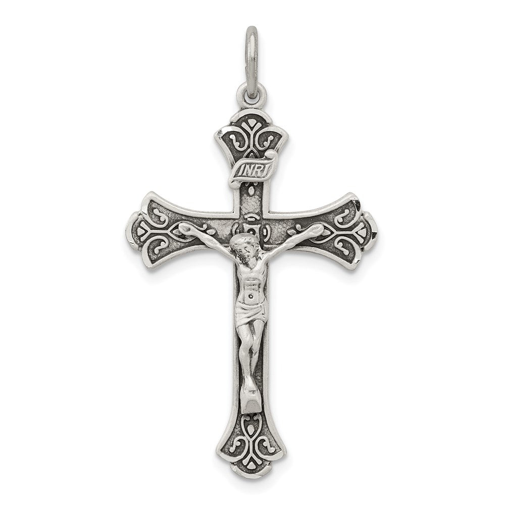 Sterling Silver Antiqued INRI Crucifix Pendant, 38 x 22 mm
