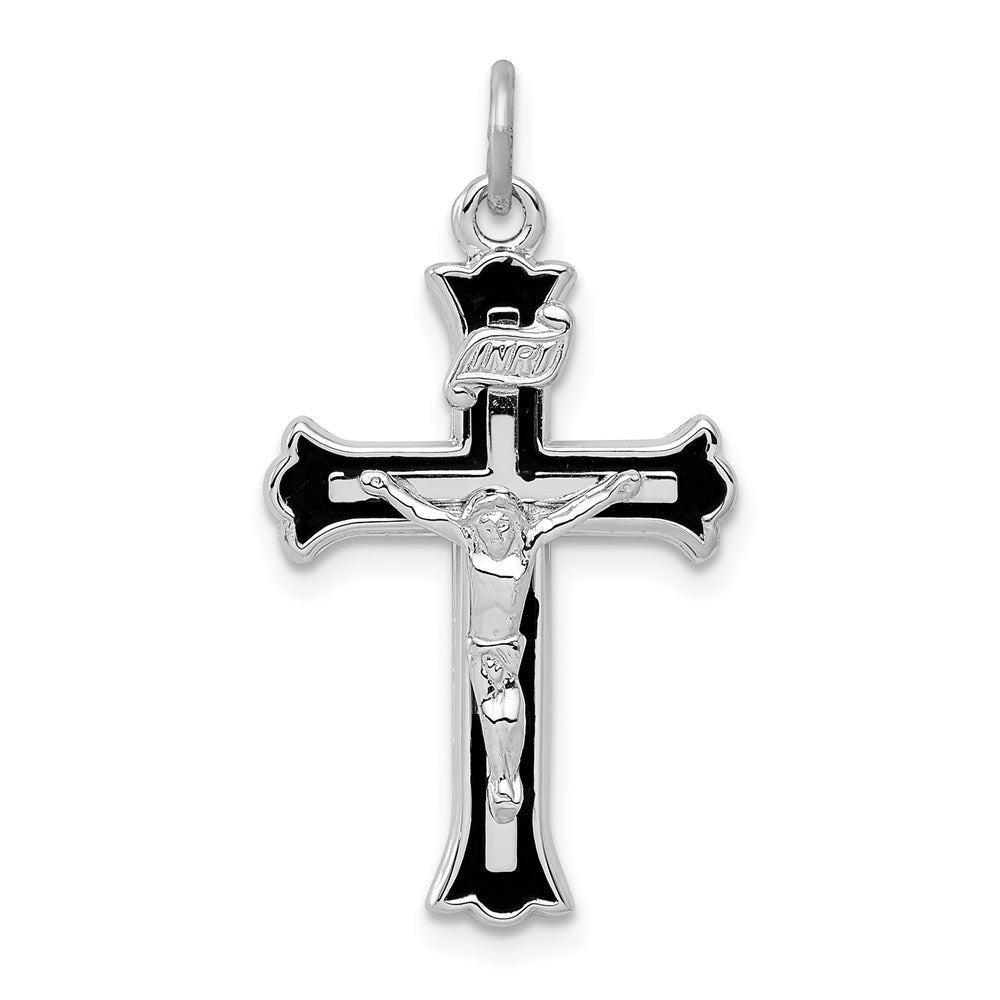 Sterling Silver Platinum-plated Enameled INRI Crucifix Charm, 28 x 16 mm