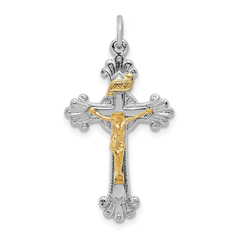Sterling Silver Platinum-plated & Vermeil INRI Crucifix Charm, 30 x 16 mm, 1.68 g