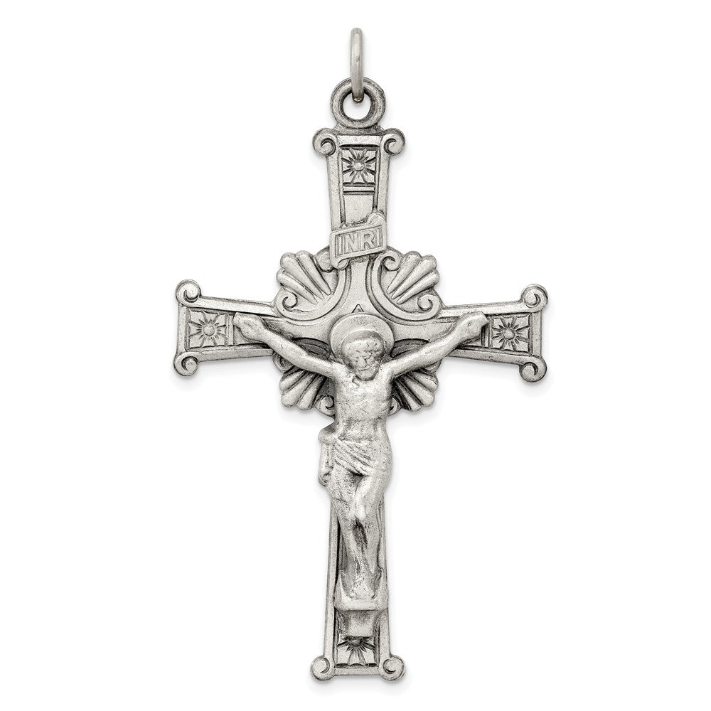 Sterling Silver Antiqued INRI Crucifix Pendant, 53 x 34 mm