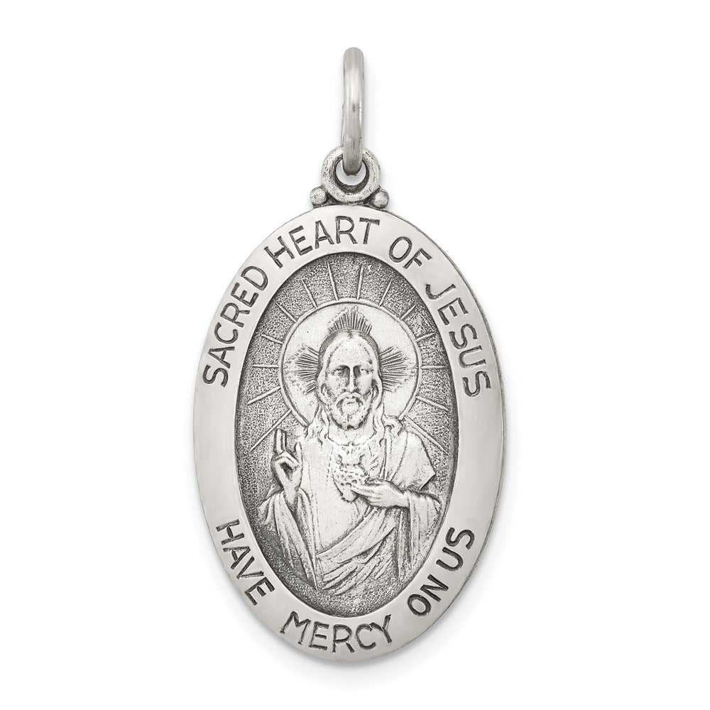 Sterling Silver Antiqued Sacred Heart of Jesus Medal, 26 x 14 mm
