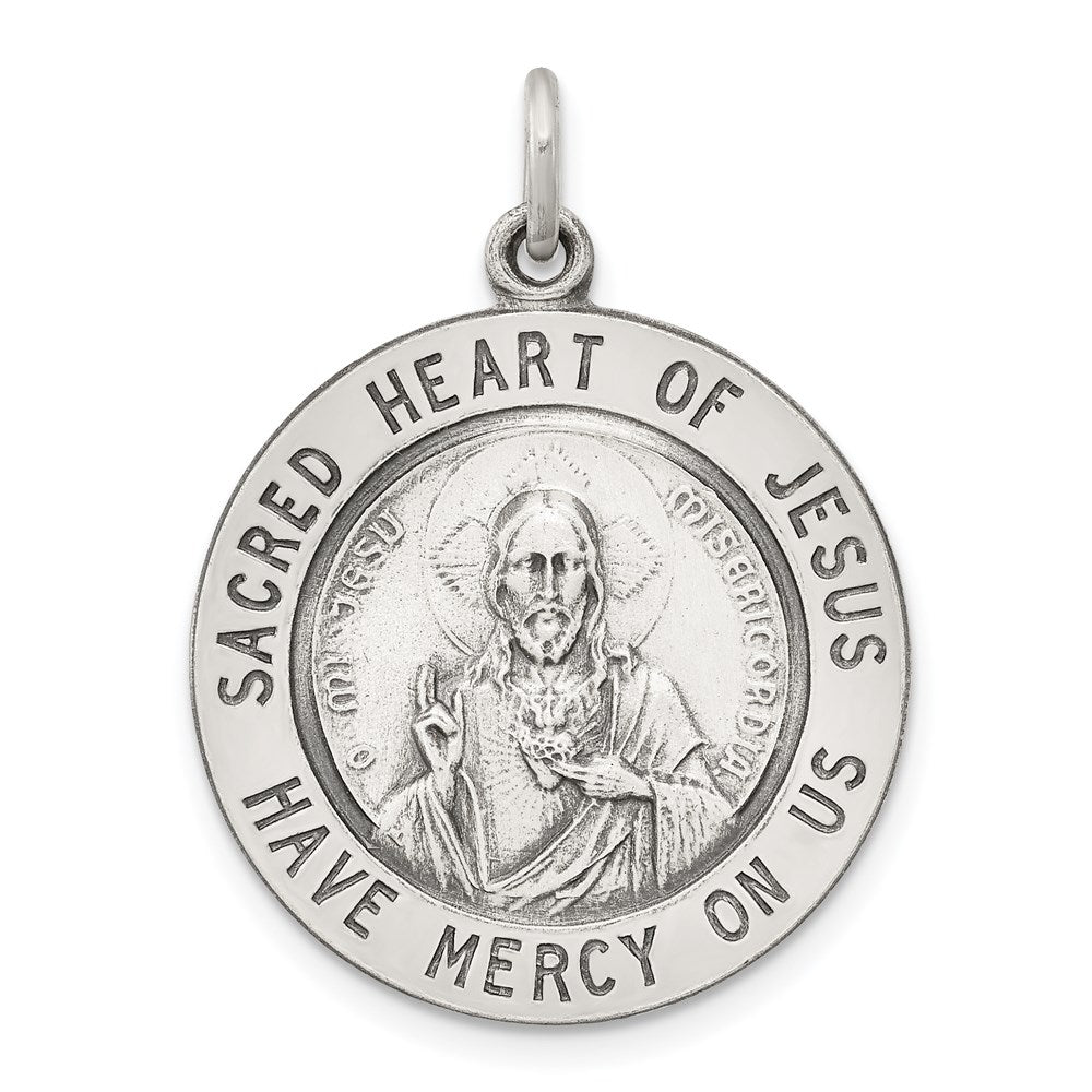 Sterling Silver Antiqued Sacred Heart of Jesus Medal, 30 x 22 mm