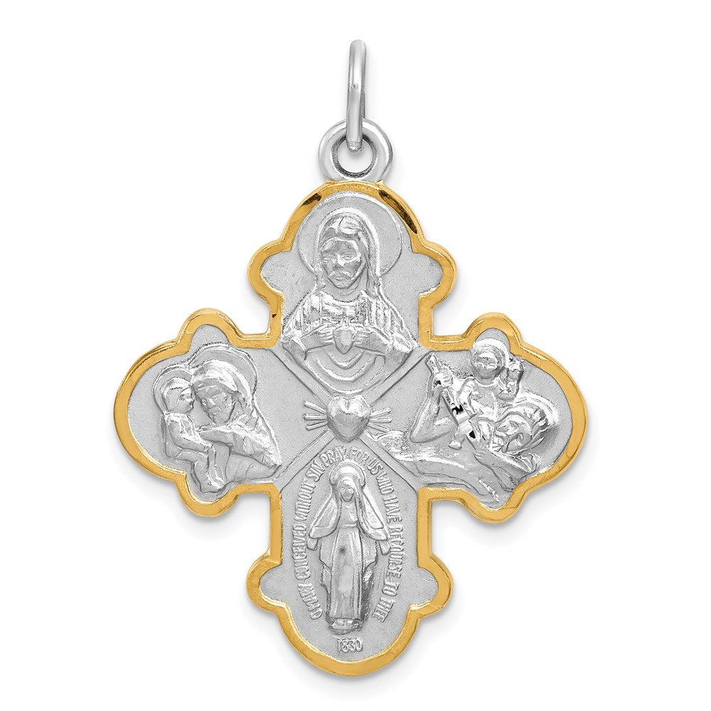 Sterling Silver Platinum-plated 4-way Medal, 36 x 35 mm