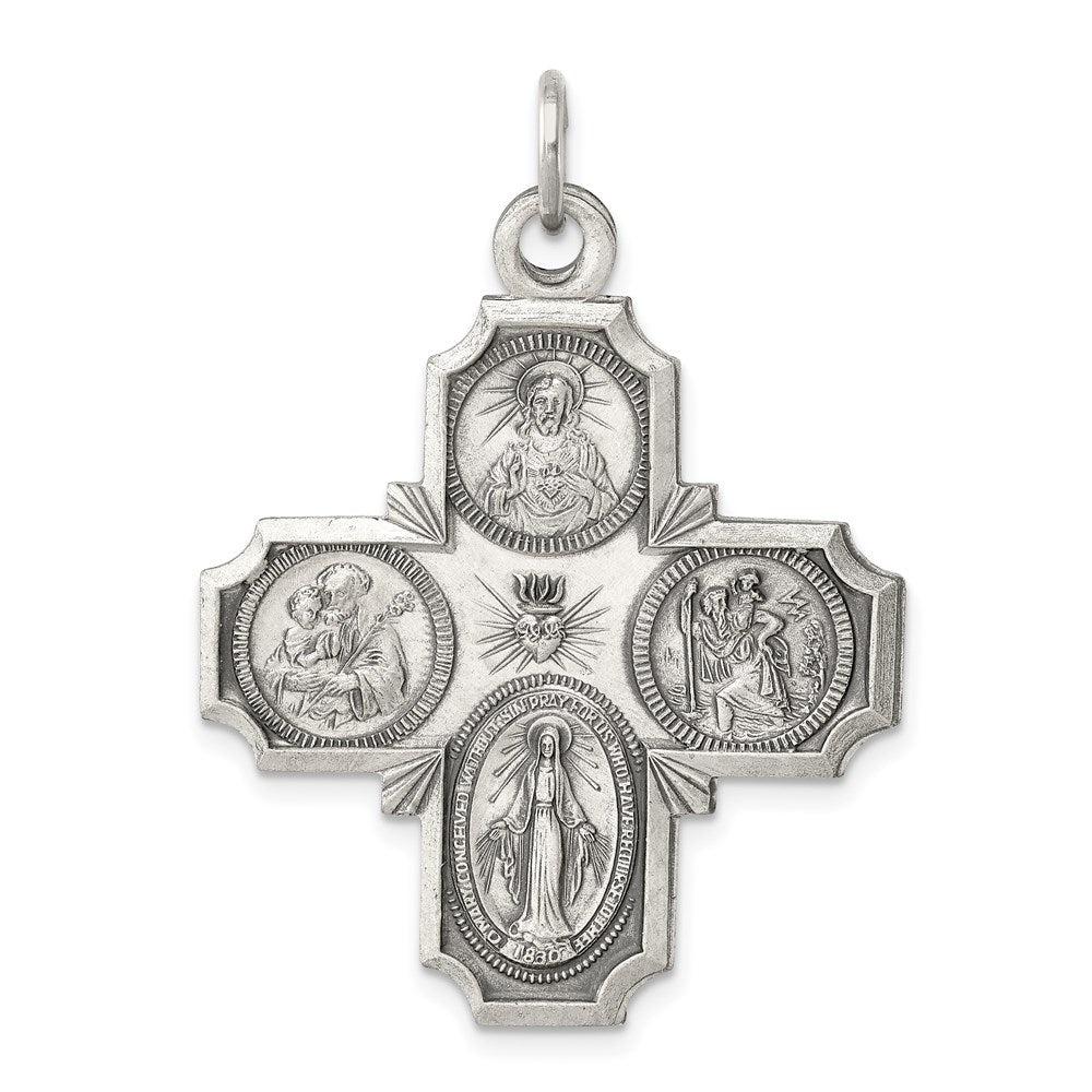 Sterling Silver Antiqued 4-way Medal, 35 x 30 mm