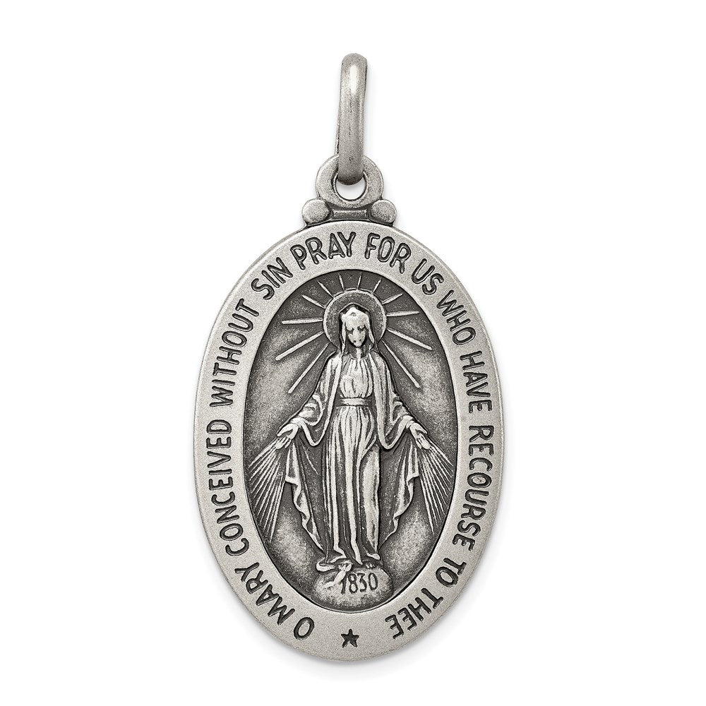 Sterling Silver Antiqued Miraculous Medal, 40 x 30 mm