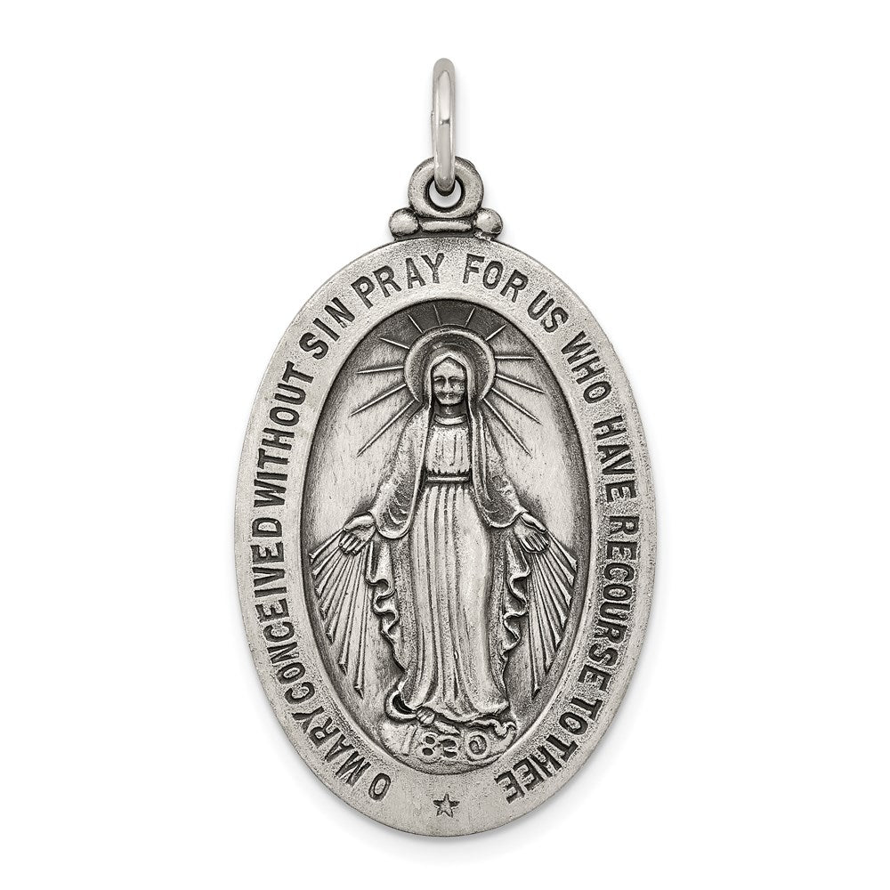 Sterling Silver Antiqued Miraculous Medal, 37 x 20 mm