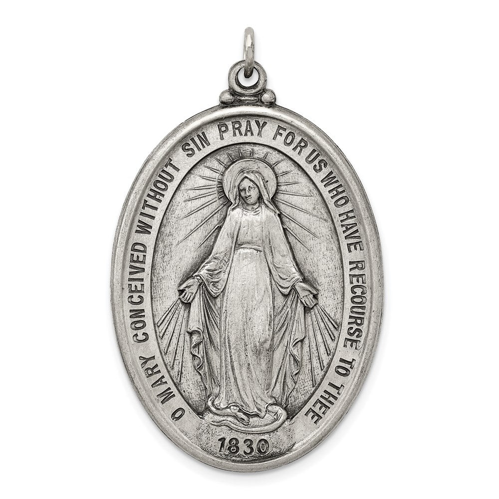 Sterling Silver Antiqued Miraculous Medal, 42 x 25 mm