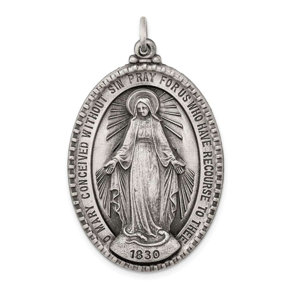 Sterling Silver Antiqued Miraculous Medal, 43 x 26 mm