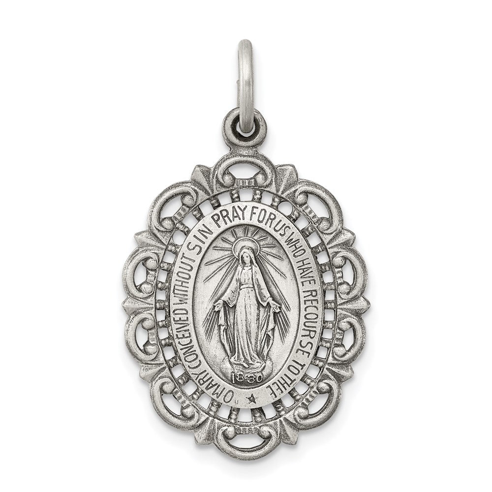 Sterling Silver Antiqued Miraculous Medal, 28 x 16 mm