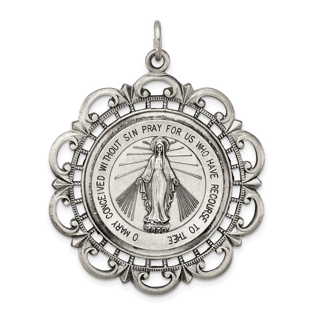 Sterling Silver Antiqued Miraculous Medal, 45 x 35 mm
