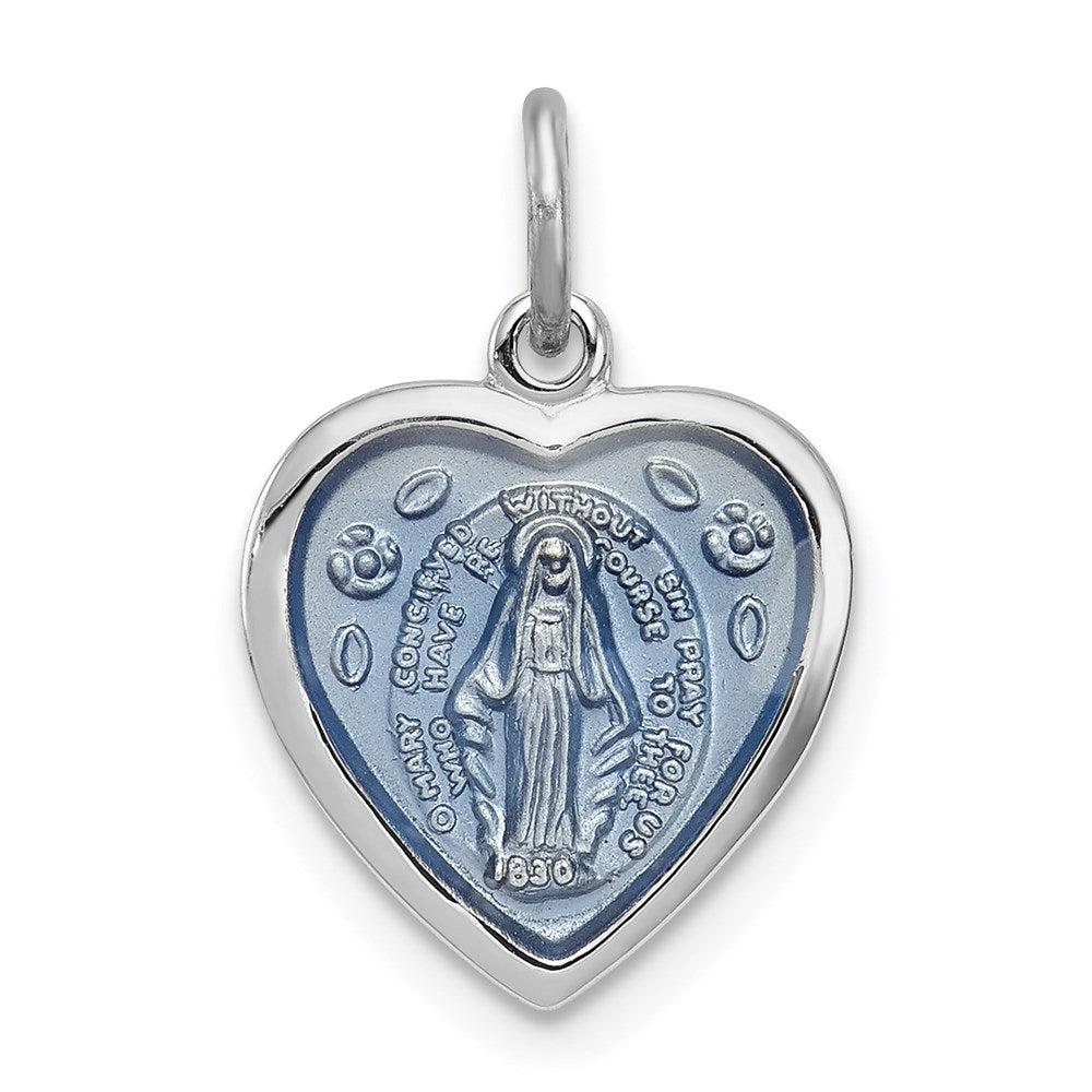 Sterling Silver Platinum-plated Miraculous Heart Medal, 19 x 12 mm