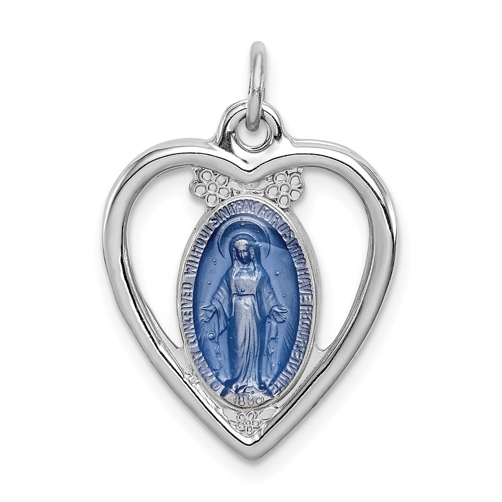 Sterling Silver Platinum-plated Miraculous Heart Medal, 23 x 16 mm