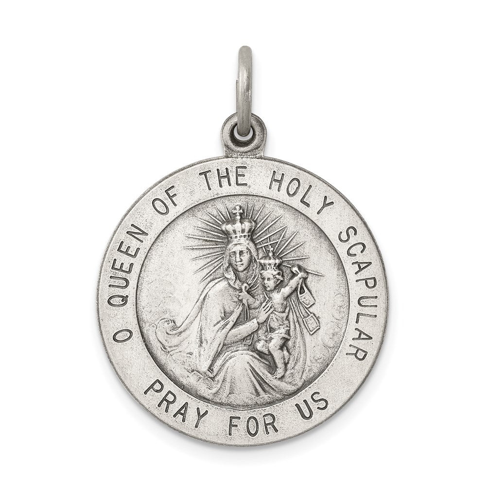 Sterling Silver Antiqued Queen of the Holy Scapular Medal, 30 x 20 mm