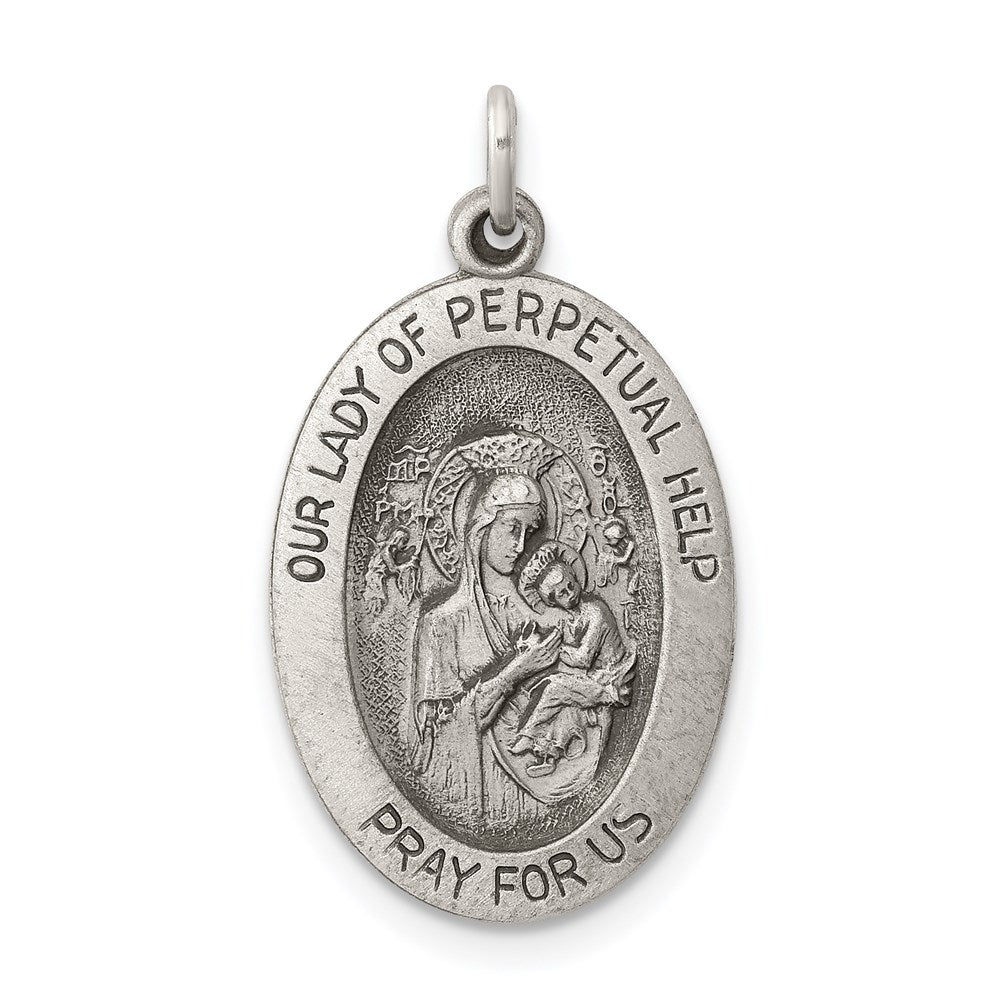 Sterling Silver Antiqued Our Lady of Perpetual Help Oval Medal, 23 x 18 mm