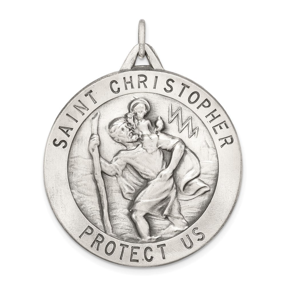 Sterling Silver Antiqued St. Christopher Medal, 40 x 33 mm