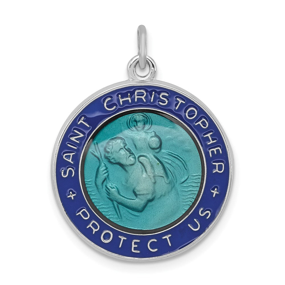 Sterling Silver Platinum-plated Enameled St. Christopher Medal, 26 x 20 mm, 4 g