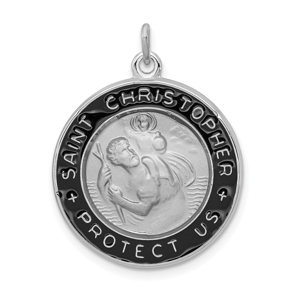 Sterling Silver Platinum-plated Enameled St. Christopher Medal, 26 x 20 mm, 3.9 g