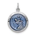 Sterling Silver Platinum-plated Blue Epoxy St. Christopher Medal, 20 x 15 mm