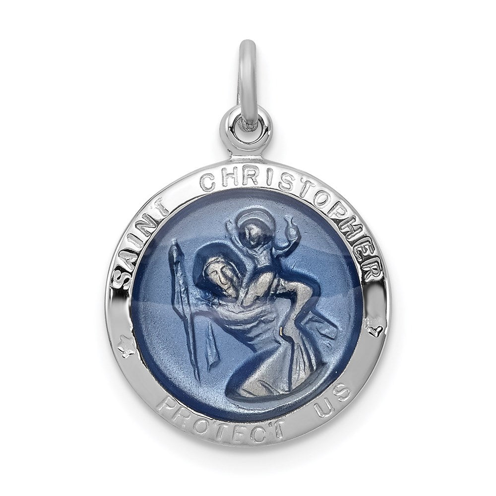 Sterling Silver Platinum-plated Blue Epoxy St. Christopher Medal, 20 x 15 mm