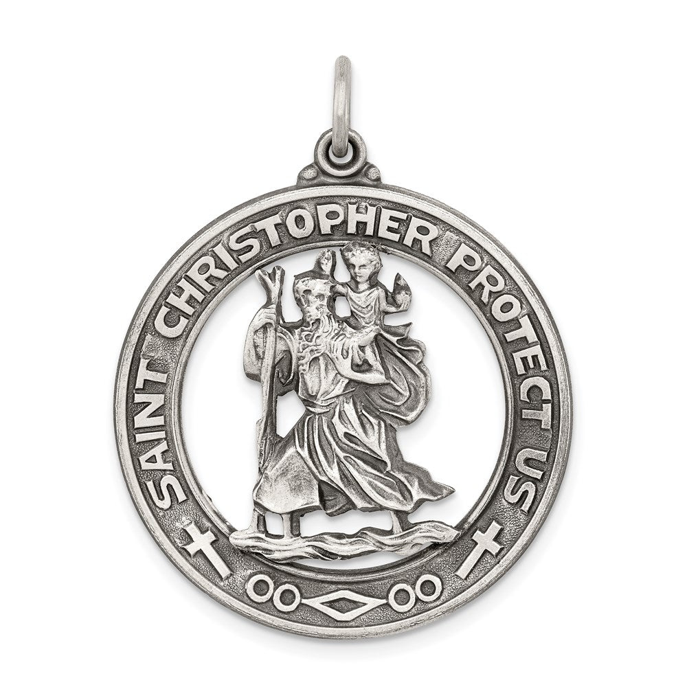 Sterling Silver Antiqued St. Christopher Medal, 38 x 30 mm
