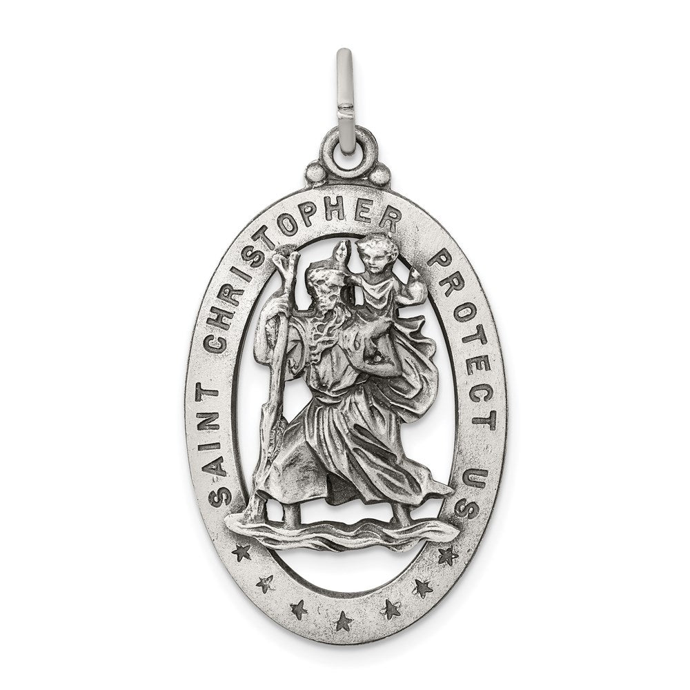 Sterling Silver Antiqued St. Christopher Medal, 36 x 20 mm