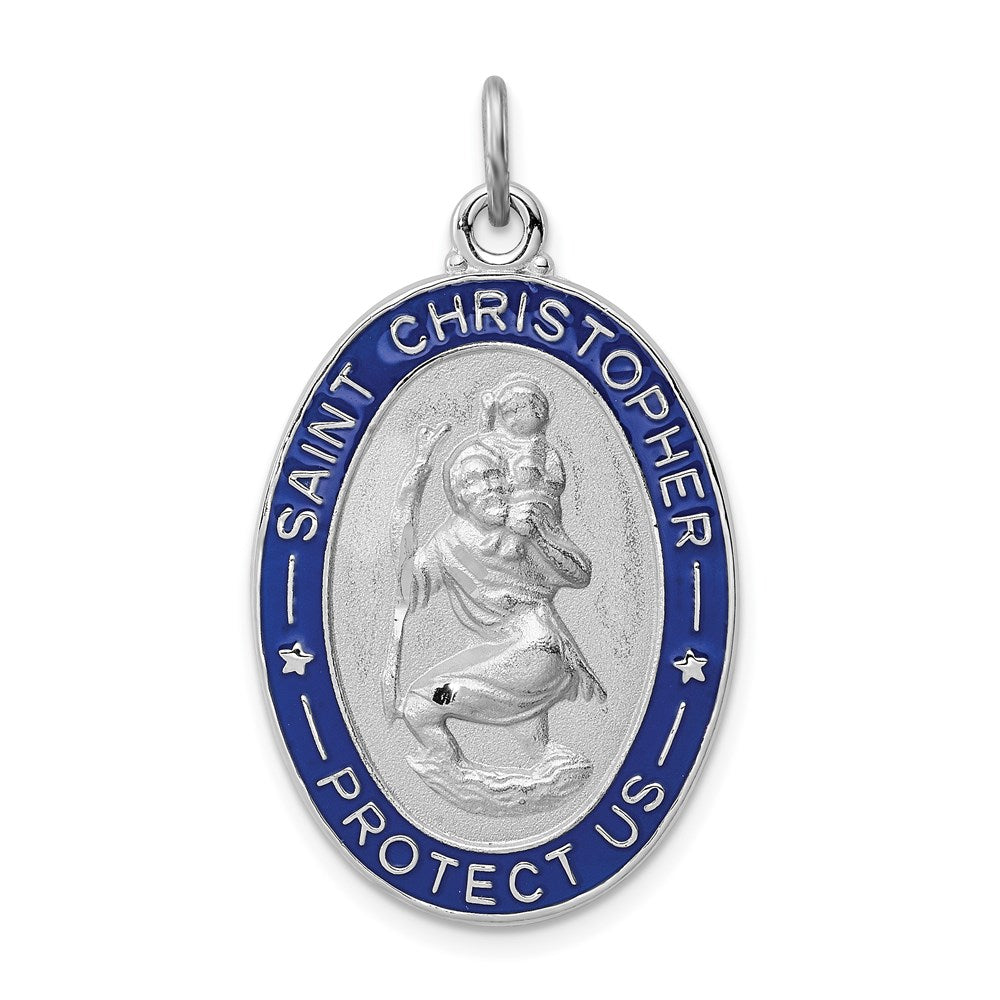 Sterling Silver Platinum-plated Enameled St. Christopher Medal, 35 x 20 mm